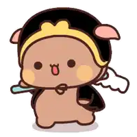 a cartoon bear is wearing a black cape and holding a blue stick .
