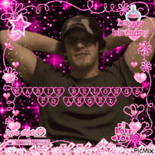a picture of a man with his hands behind his head with the words happy birthday happily married