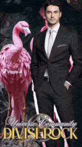 a man in a suit is standing next to a pink flamingo with the words universe community divide rock written on the bottom