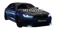 a blue bmw with the words m5 cuzzeh on it