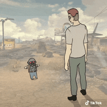a cartoon of a man standing next to a smaller man with a gas mask on