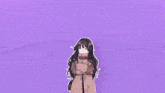 a girl in a school uniform is standing in front of a purple background that says honey honey