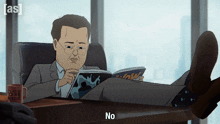 a cartoon of a man sitting at a desk reading a comic book with the words " no " below him
