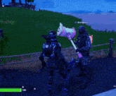 a screenshot of a video game shows a person holding a hammer and another person holding a rabbit