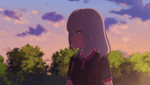 a girl with purple hair is standing in front of a sunset