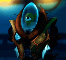 a cartoon character with a green eye and a blue helmet