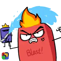 a cartoon drawing of a red block with the word blast written on it