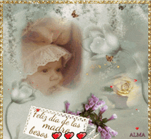 a picture of a woman holding a baby with the words feliz dia de las madre besos