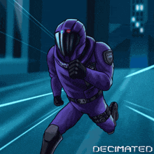 a cartoon of a police officer running with the words decimated below him