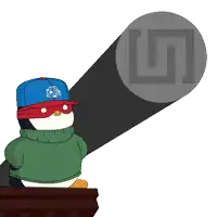 a penguin wearing a mask and a hat with the letter l on it stands in front of a shadow
