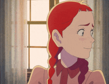 a cartoon girl with red hair and freckles looks out a window