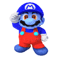 a pixel art of a blue mario wearing overalls and a blue hat with the letter m on it