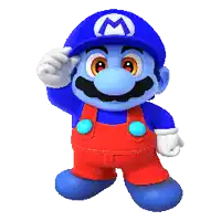 a pixel art of a blue mario wearing overalls and a blue hat with the letter m on it