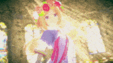 a girl with a flower crown on her head is standing in front of a stained glass window