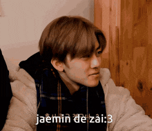 a young man wearing a plaid scarf and a jacket with the words jaemin de zai : 3 above him