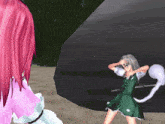 a girl with pink hair is standing next to another girl with gray hair