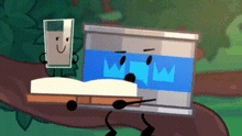 a cartoon character is standing next to a book and a can of milk .