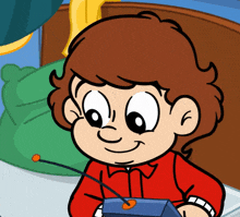 a cartoon boy in a red shirt is smiling while holding a remote control