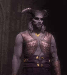 a man with horns and a beard is wearing a purple vest