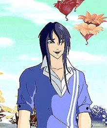 a cartoon character with long black hair and a blue shirt is standing in front of a balloon .