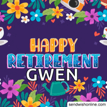 a happy retirement gwen greeting card with flowers and coffee cups