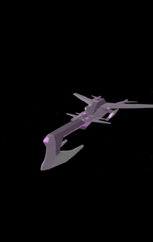 a 3d model of a futuristic space ship with purple lights on it is flying in the dark .