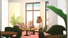 a cartoon of three animals sitting at tables in a room