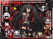 a picture of a girl with black hair is surrounded by black and red images and the words picmix