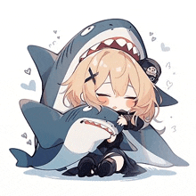 a girl is hugging a shark with its mouth open and hearts around her .