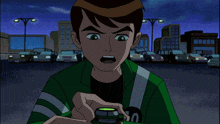 a cartoon character with a green light coming out of his mouth