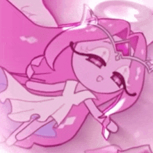 a close up of a cartoon character with pink hair and a white dress sleeping .