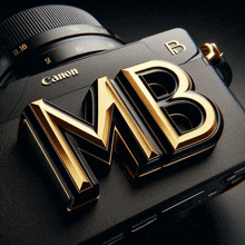 a black canon camera with a gold mb logo on it