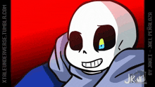 a cartoon drawing of a skeleton with a blue eye and a red background