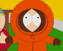 a cartoon character named kenny from south park is wearing an orange hoodie