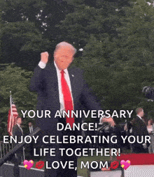 a man in a suit and tie is dancing with the words `` your anniversary dance enjoy celebrating your life together ! ''