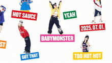 a group of women are standing next to each other with labels that say hot sauce yeah babymonster and got that