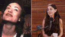 a woman with long hair is talking into a microphone next to another woman