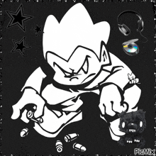 a black and white drawing of a cartoon character with headphones and cds