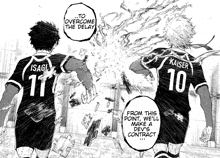 a black and white drawing of two soccer players with kaiser 10 on the back