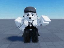 a cartoon character wearing a hat and headphones is standing on a tiled floor
