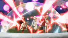a group of anime characters are standing in front of a dome that is surrounded by glowing lights