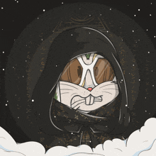 a cartoon of a rabbit wearing a black hooded cape