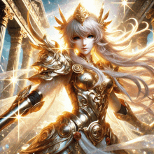 a woman in armor and a crown is standing in front of a building