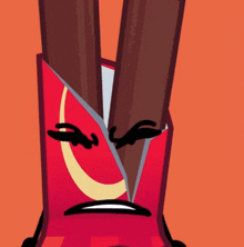 a cartoon character with a smiley face and two chocolate bars in a red box
