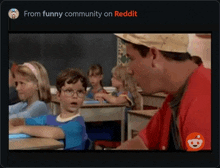 a screen shot from a funny community on reddit shows a man and a boy in a classroom