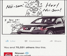 a cartoon of a girl talking to a nissan truck with the words hey niu-san