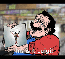 a cartoon of mario holding a book that says this is luigi