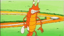 a cartoon cockroach is walking on a baseball field .