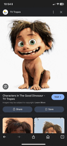 a phone screen shows a picture of a character from the good dinosaur