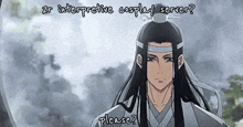 a man with long hair is standing in front of a cloudy sky with the words " zr interpretive cosplay server please " below him